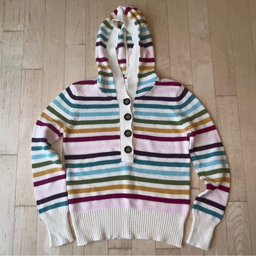 Aeropostale Women’s Hoodie Sweater Cream w/ Multicolor Rainbow Stripes Sz Large